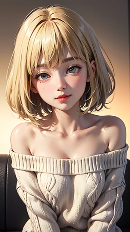 A light blush and a smile, (Masterpiece of the highest quality:1.2) Delicate illustrations, super detailed, /Beautiful Japanese Women、1 person,Very cute and slim、Outstanding style 、((8K images、super high quality))、Very delicate face, Skin and Hair、Red lipstick、short hair、straggling hair,(((((Gradient Hair、Blonde))))),Very cute Japanese cut face、Eyes and nose are clearly visible、Kind eyes,(((Off-the-shoulder sweater、Watching the audience)))、full body shot