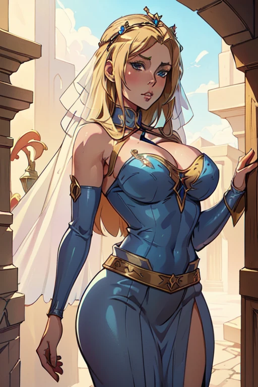 Wearing a blue dress and a veil、Blonde woman with a veil on her head, Beautiful fantasy maiden, Detailed fantasy art, Beautiful fantasy art, Blonde Princess, artgerm の artstation pixiv, Beautiful maiden, ((Beautiful Fantasy Empress)), 2. 5D CGI Anime Fantasy Artwork, Fantasy art style, Detailed digital anime art, Fantasy style art