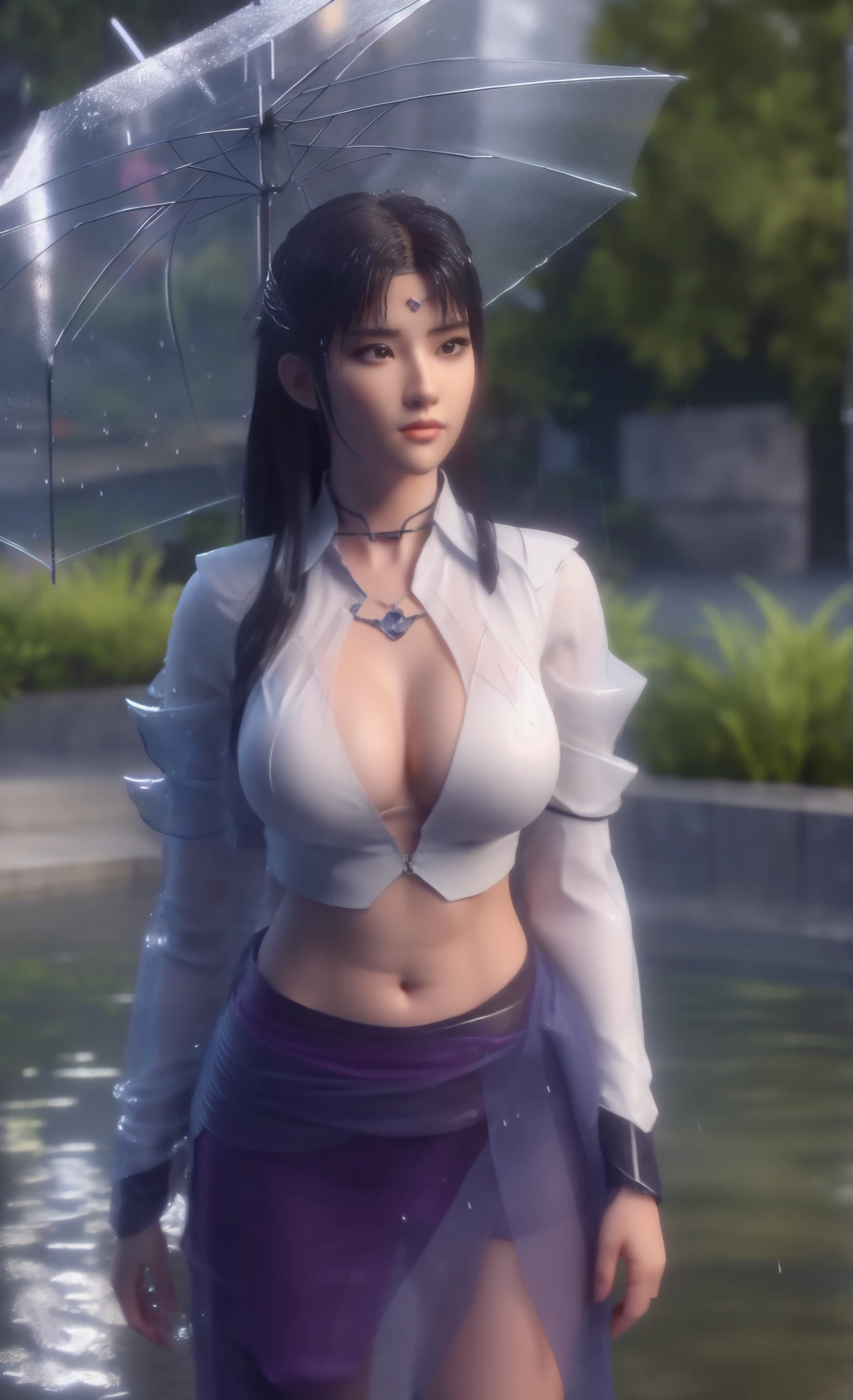 ((Best quality, 8K, Masterpiece: 1.3)), Sharp: 1.2, Perfect fullbody beauty: 1.4, Slim abs: 1.2, ((Layered Hair Style, Big breasts: 1.2)), (see-through clothes: 1.1), (rain, street: 1.2), Wet: 1.5, Highly detailed face and skin texture, Detailed eyes, Double eyelids, Looking at the camera