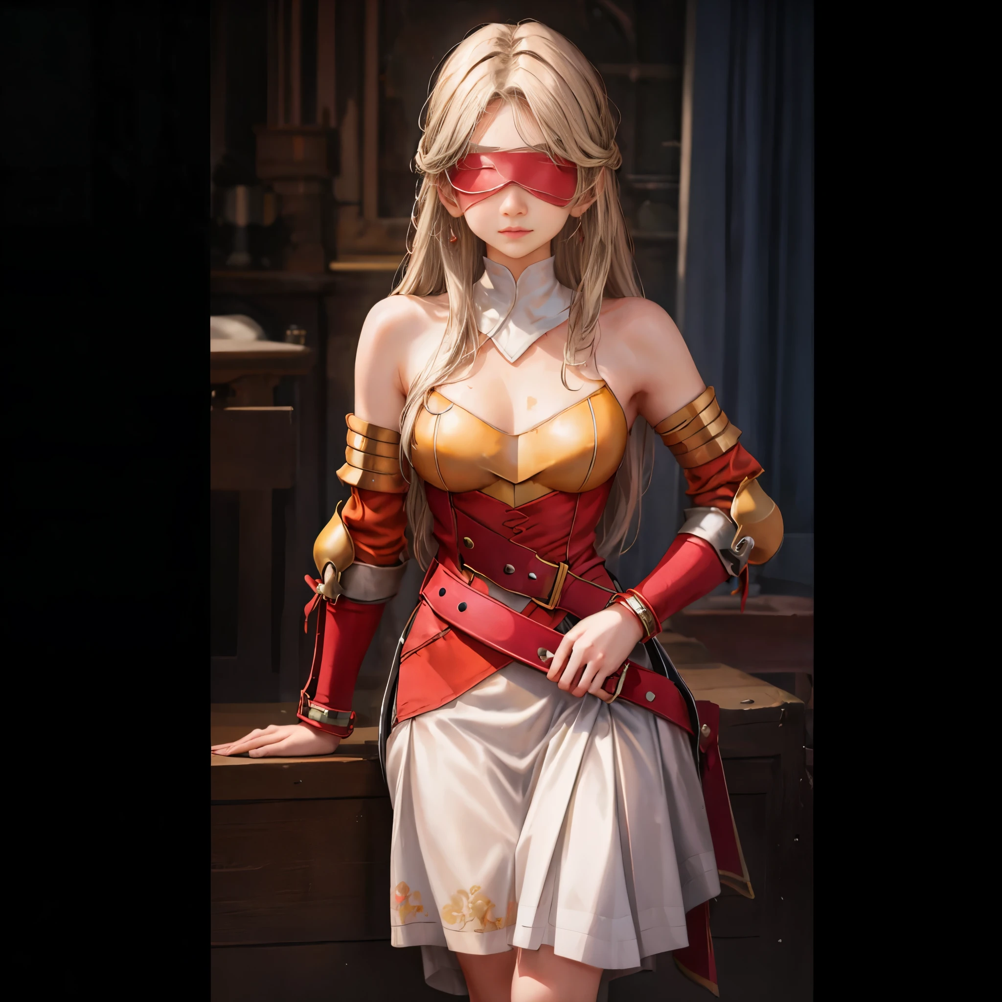 (Best quality, 4k, Masterpiece :1.3), sit-ups :1.1 full body symmetrical beautiful woman, (eye color: 1.5), color ribbons, bows, long hair, golden bracelets, detached sleeves bare shoulders, bikini armor, collars, dresses, earrings, florals, jewelry, metal collars, miniskirt, hip curtain, high thighs, ring, skirt, looking at the audience, indoors, bed, high resolution, unity Wallpaper 8k, (illustration:0.8), (beautiful eye details:1.6), highly detailed faces, perfect lighting, highly detailed CG, (perfect hands, perfect anatomy) cross belt blindfold