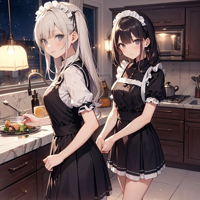 A group of maids, (in kitchen), various hair styles, harem, wearing maid uniform, night, details face, , short skirt, seducing, sleeveless , night, starry night