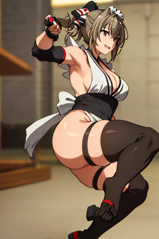 masterpiece, best quality, beautiful art, high resolution, well formed hands, body and fingers, 1 woman, solo, Sento Isuzu, ,adult,  up  ,big breasted, cleavage, full body, black stockings, sleeveless, leotard peeking, pelvic curtain, sexy Japanese clothes, maid,  hair ornament, gorgeous legs and thighs,  she is fighting in a combat match at a martial arts tournament, she is getting ready to fight, making her guard pose, action and fighting scene, about to hit the viewer, looking at the viewer, sweating , feeling confident and proud, smiling joyfully and happily, charming her opponent with her beauty, bouncing  breasts, fighting scene, martial arts tournament on the beach 