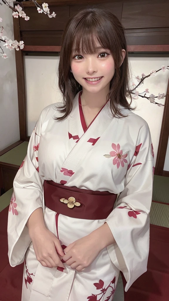 Tabletop, highest quality, 8K, Raw photo, One Girl, (Beautiful girls, Delicate girl:1.3), (13 years old:1.3), break, (Floral, kimono, kimono, white kimono:1.3), break, Very fine grain, (Symmetrical eyes:1.3), break, (cherry blossoms, filled with cherry blossoms, surrounded by cherry blossoms:1.2), perfectly trimmed fingers, break, Small breasts, Brown eyes, Parted bangs, brown hair, (Upper teeth, The best smile:0.6), break, (Eye and facial details:1.0), break, (masterpiece, highest quality, Ultra-detailed, Detailed face, 8K),break,(Laughter:1.6), break,Showing teeth