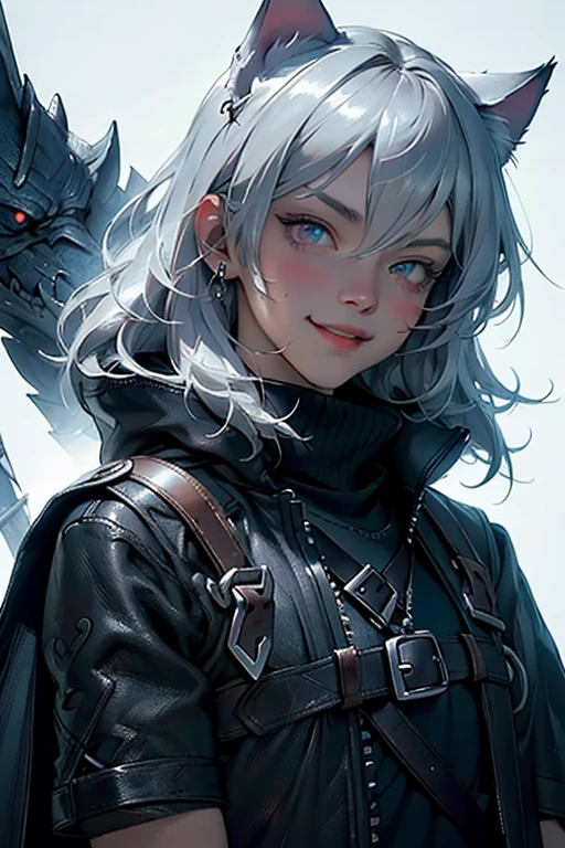 ((best quality)), ((masterpiece)), (detailed), perfect face, warrior woman, beautiful, best graphics, soft lighting, silver hair, crimson eyes, daggers in hand, cat ears, shadows all around, leather cloak, modest, battle, fight, smile, neko