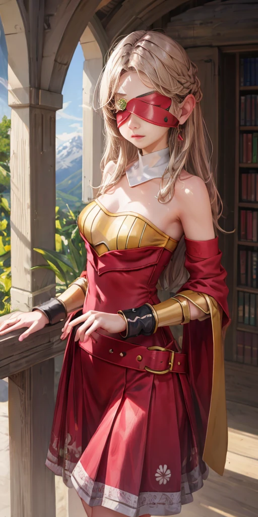 Best quality, graceful pose,(eye color: 1.5), color ribbons, bows, long hair, color hair, BREAK bracelets, bare shoulders, bikini armor, bracelets, collars, detached sleeves, dresses, earrings, florals, jewelry, metal collars , miniskirt, hip curtain, COLOR dress, COLOR skirt, COLOR sleeves, COLOR thighs, ring, skirt, thighs, BREAK looking at the audience, BREAK indoors, bed BREAK,LIBRARY BREAK , MOUNTAIN BREAK,GARDEN BREAK,(works: 1.2), best quality, high resolution, unity Wallpaper 8k, (illustration:0.8), (beautiful eye details:1.6), highly detailed faces, perfect lighting, highly detailed CG, (perfect hands, perfect anatomy) cross belt blindfold
