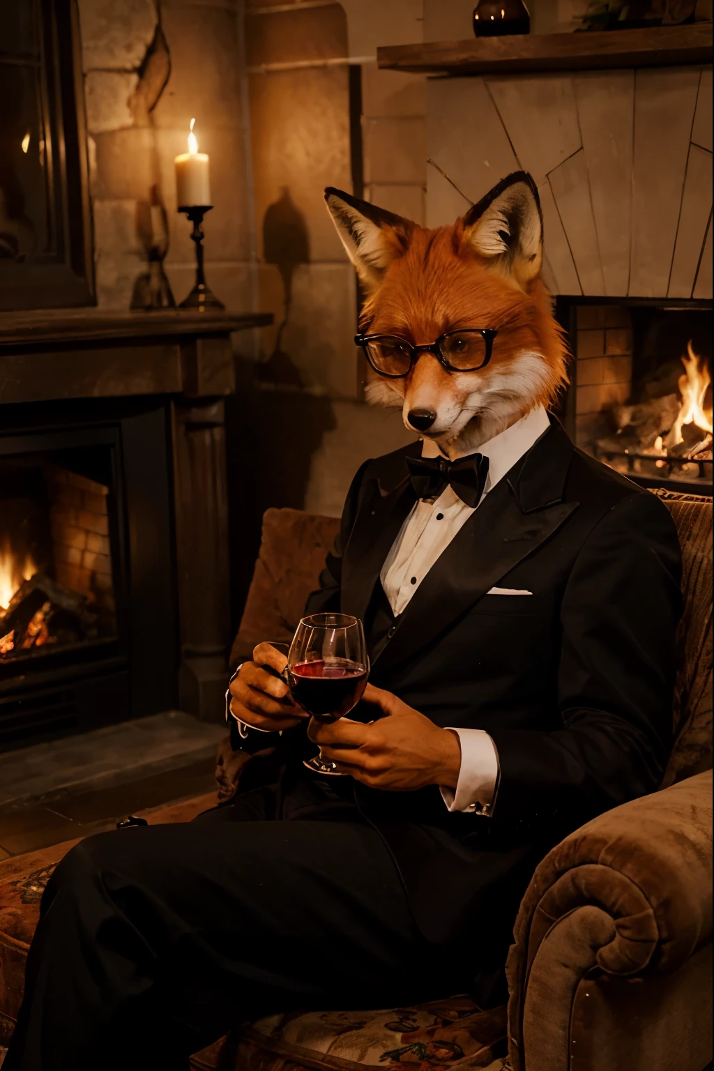 ((An anthropomorphic fox)) with realistic fur, black tuxedo and glasses, sitting on a couch while having a glass of red wine, fur hands. A 30&#39;s atmosphere with carpet and a fireplace, with a window showing a warm night