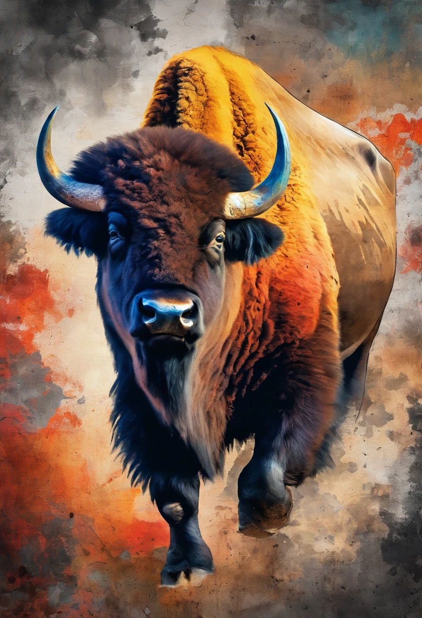 Bison chargeant courant profil, burnt earth background ::2 colorful ink painting ::2 art fantasy