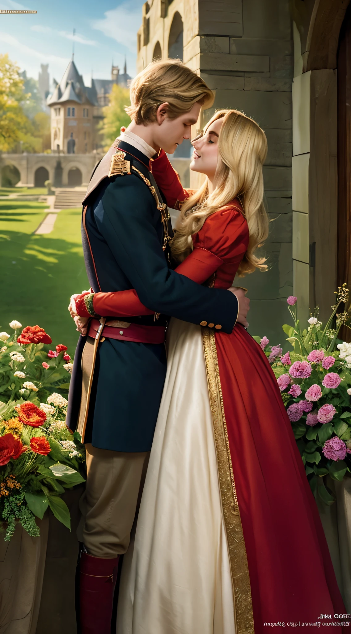 2 in 1 Niels Visser is a blonde prince, Wearing a medieval military uniform and falling in love with a commoner 2 Lily Collins, She has curly black hair and wears a red dress, They kissed very affectionately, Romance novel cover illustration。, Smooth, Light background full of flowers, art:Greg Hildebrandt, Shitemar Liu, Stepan Sejic, Sanyang, Aykut Aydogdu, Justin Gerald, Alphonse Mucha, artジャーム, WLOP, and Greg Ratkowski