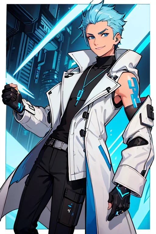 male, brownish tan short hair, blue eyes, (((1boy))), (((white sleeveless cyberpunk coat with blue trim))), (black long sleeve v-neck t-shirt), (necklace with dragon head pendant), (black pants with blue trim), (black white cybernetic boots), (black fingerless gloves), long legs, smiling, single person