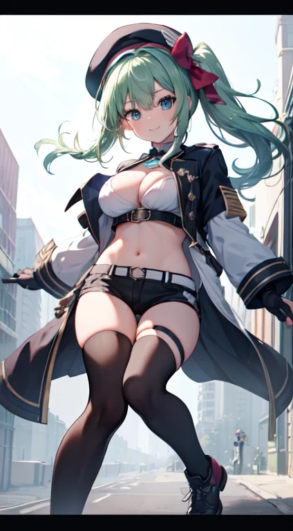 ubel,((ubel of Frieren: Beyond Journey's End )),dark green hair,long hair,side ponytail,hair between eyes,bangs, BREAK (beret, black jacket, open clothes, cleavage, midriff, black shorts, black thighhighs, thigh strap, fingerless gloves, single glove:1.2) , (dynamic angle:1.3, front view:1.1, breast focus:1.3, from below:1.2), (dynamic posing:1.5, sexy posing:1.2, leaning forward), (seductive smiling:1.3),(*K) HD, highest quality, WorKs of masters, High resolution, spread legs, panties shot,1 girl, small nose,(with sparkling eyes and a contagious smile), very beautiful detailed face and eyes, bright colors, cute face, delicate beautiful face, Bright magenta eyes, cute eyes, sparkling eyes, Big eyes, (big breasts:1.3), (perky chest:1.1), (pointed chest:1.0), medium hips, glamorous body, white skin, smile, thin pubric hair, shiny hair, super beautiful face, Super beautiful eyes, Super beautiful hair，trendy outfit，sexy and attractive，explosion of colors，big hairpin，full body esbian，illegal occupation, Real World, Natural light,perfect Natural light,looking at viewer,