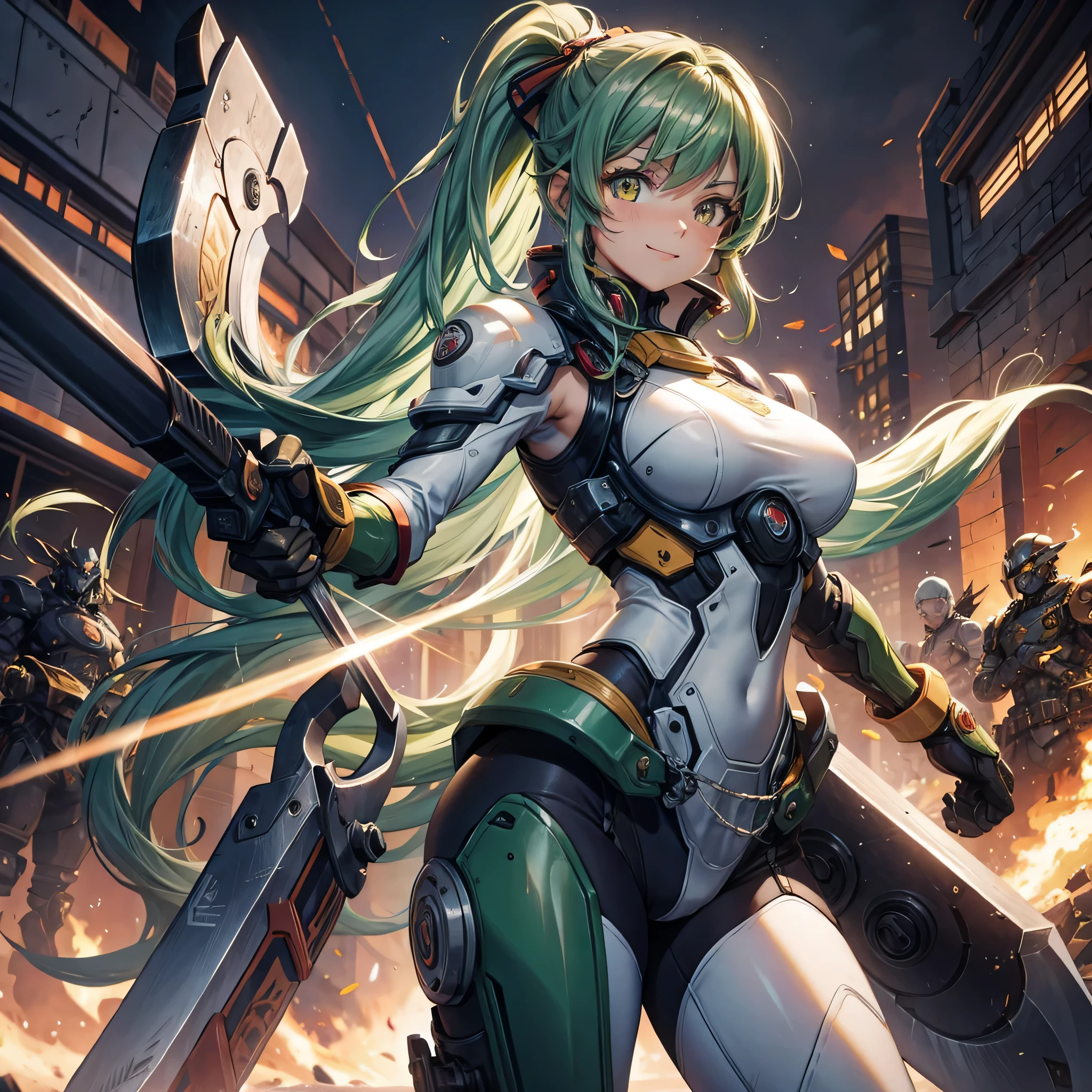 A female robot with large robotic breasts and a large green and red mechanical butt with a metallic face in a Mayan jungle and injured eyes