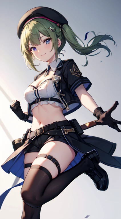 ubel,((ubel of Frieren: Beyond Journey's End )),dark green hair,long hair,side ponytail,hair between eyes,bangs, BREAK (beret, black jacket, open clothes, cleavage, midriff, black shorts, black thighhighs, thigh strap, fingerless gloves, single glove:1.2) , (dynamic angle:1.3, front view:1.1, breast focus:1.3, from below:1.2), (dynamic posing:1.5, sexy posing:1.2, leaning forward), (seductive smiling:1.3),(*K) HD, highest quality, WorKs of masters, High resolution, spread legs, panties shot,1 girl, small nose,(with sparkling eyes and a contagious smile), very beautiful detailed face and eyes, bright colors, cute face, delicate beautiful face, Bright magenta eyes, cute eyes, sparkling eyes, Big eyes, (big breasts:1.3), (perky chest:1.1), (pointed chest:1.0), medium hips, glamorous body, white skin, smile, thin pubric hair, shiny hair, super beautiful face, Super beautiful eyes, Super beautiful hair，trendy outfit，sexy and attractive，explosion of colors，big hairpin，full body esbian，illegal occupation, Real World, Natural light,perfect Natural light,looking at viewer,