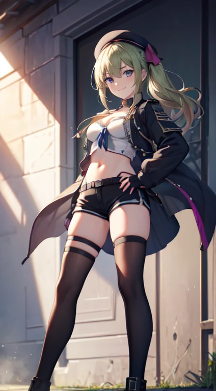 (masterpiece:1.3), best quality, best quality, high resolution, unity 8k wallpaper, beautiful detailed eyes:1.4, super detailed skin:1.4, illustration:0.6, anime coloring, (elise, long hair, blonde hair, blue eyes, short stature, short stature, solo), military jacket, shorts, squatting, spread legs, open breast clothes, no bra, beatiful nipple, show off nipple, cameltoe, sandals, black thighhighs, embarrassed, open mouth, outdoor, looking at viewer, from below,