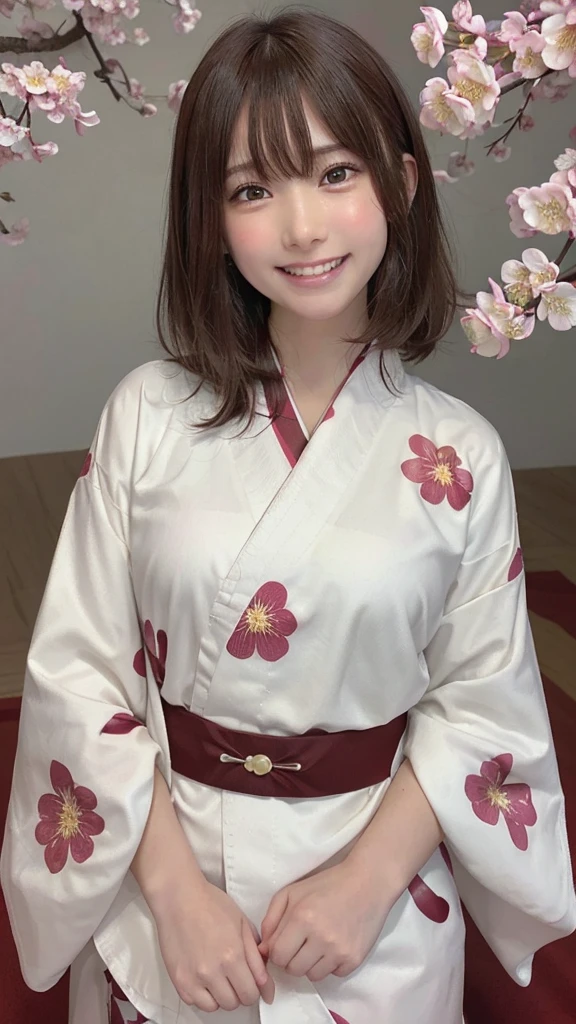 Tabletop, highest quality, 8K, Raw photo, One Girl, (Beautiful girls, Delicate girl:1.3), (************:1.3), break, (Floral, kimono, kimono, white kimono:1.3), break, Very fine grain, (Symmetrical eyes:1.3), break, (cherry blossoms, filled with cherry blossoms, surrounded by cherry blossoms:1.2), perfectly trimmed fingers, break, Small breasts, Brown eyes, Parted bangs, brown hair, (Upper teeth, The best smile:0.6), break, (Eye and facial details:1.0), break, (masterpiece, highest quality, Ultra-detailed, Detailed face, 8K),break,(Laughter:1.6), break,Showing teeth