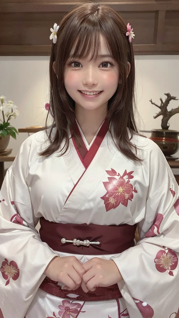 Tabletop, highest quality, 8K, Raw photo, One Girl, (Beautiful girls, Delicate girl:1.3), (13 years old:1.3), break, (Floral, kimono, kimono, white kimono:1.3), break, Very fine grain, (Symmetrical eyes:1.3), break, (cherry blossoms, filled with cherry blossoms, surrounded by cherry blossoms:1.2), perfectly trimmed fingers, break, Small breasts, Brown eyes, Parted bangs, brown hair, (Upper teeth, The best smile:0.6), break, (Eye and facial details:1.0), break, (masterpiece, highest quality, Ultra-detailed, Detailed face, 8K),break,(Laughter:1.6), break,Showing teeth