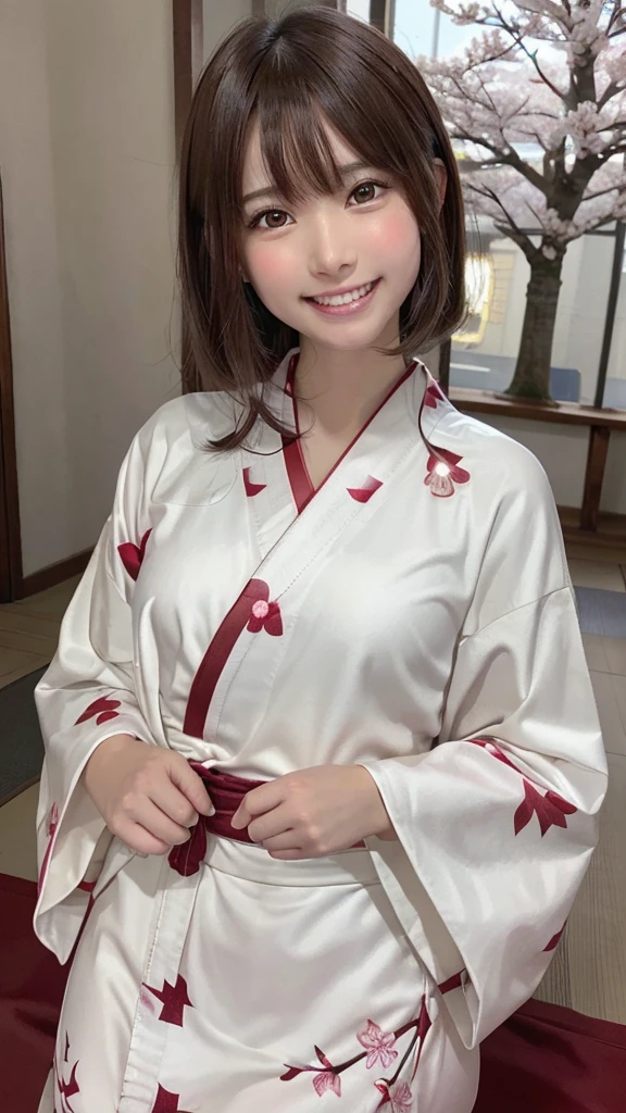Tabletop, highest quality, 8K, Raw photo, One Girl, (Beautiful girls, Delicate girl:1.3), (13 years old:1.3), break, (Floral, kimono, kimono, white kimono:1.3), break, Very fine grain, (Symmetrical eyes:1.3), break, (cherry blossoms, filled with cherry blossoms, surrounded by cherry blossoms:1.2), perfectly trimmed fingers, break, Small breasts, Brown eyes, Parted bangs, brown hair, (Upper teeth, The best smile:0.6), break, (Eye and facial details:1.0), break, (masterpiece, highest quality, Ultra-detailed, Detailed face, 8K),break,(Laughter:1.6), break,Showing teeth