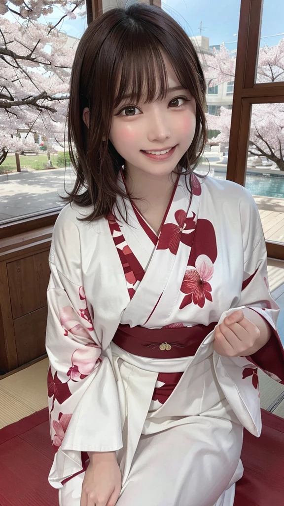 Tabletop, highest quality, 8K, Raw photo, One Girl, (Beautiful girls, Delicate girl:1.3), (s old:1.3), break, (Floral, kimono, kimono, white kimono:1.3), break, Very fine grain, (Symmetrical eyes:1.3), break, (cherry blossoms, filled with cherry blossoms, surrounded by cherry blossoms:1.2), perfectly trimmed fingers, break, Small breasts, Brown eyes, Parted bangs, brown hair, (Upper teeth, The best smile:0.6), break, (Eye and facial details:1.0), break, (masterpiece, highest quality, Ultra-detailed, Detailed face, 8K),break,(Laughter:1.6), break,Showing teeth