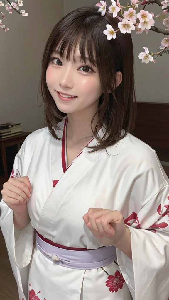 Tabletop, highest quality, 8K, Raw photo, One Girl, (Beautiful girls, Delicate girl:1.3), (16 years old:1.3), break, (Floral, kimono, kimono, white kimono:1.3), break, Very fine grain, (Symmetrical eyes:1.3), break, (cherry blossoms, filled with cherry blossoms, surrounded by cherry blossoms:1.2), perfectly trimmed fingers, break, Small breasts, Brown eyes, Parted bangs, brown hair, (Upper teeth, The best smile:0.6), break, (Eye and facial details:1.0), break, (masterpiece, highest quality, Ultra-detailed, Detailed face, 8K),break,(Laughter:1.6), break,Showing teeth