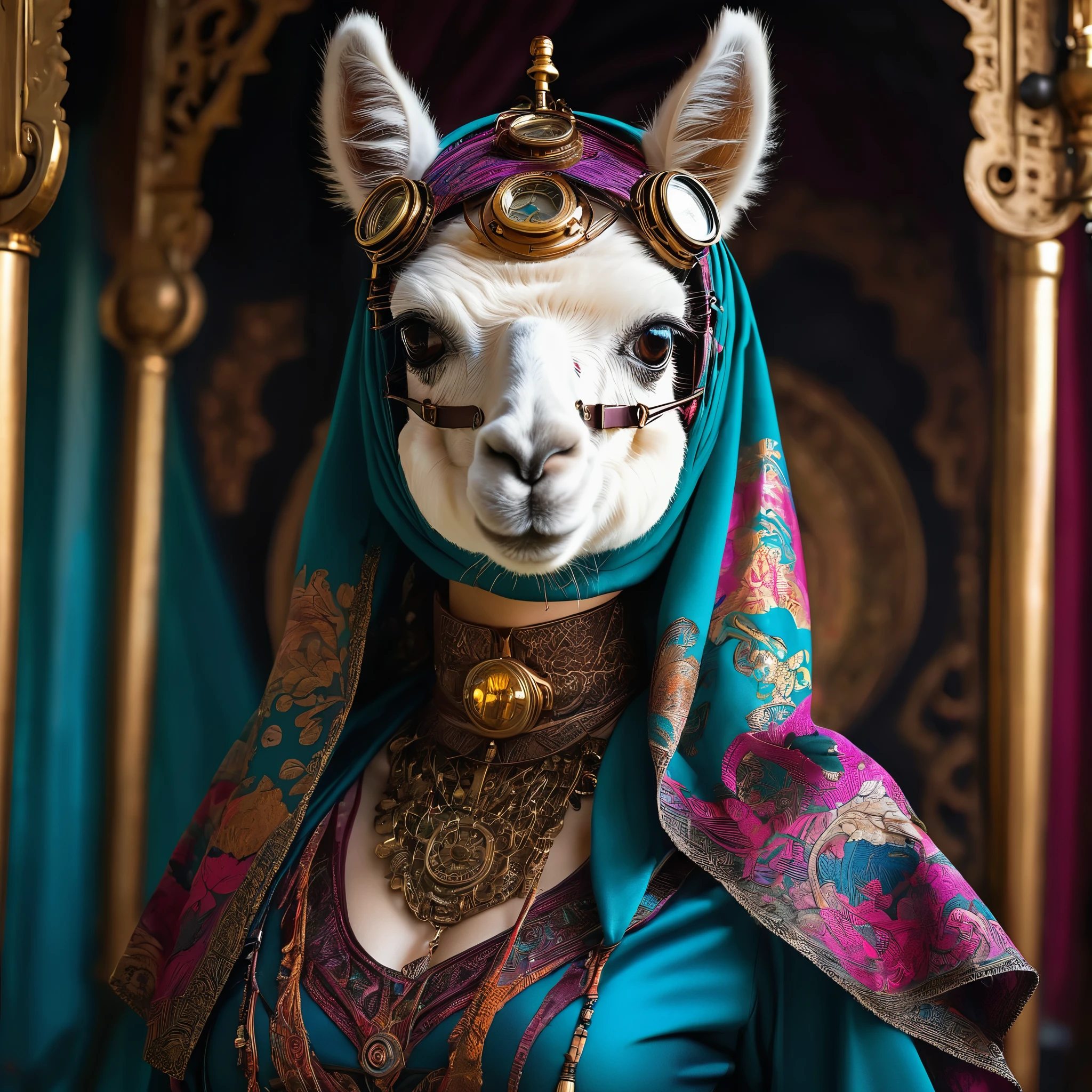 (a busty malaysian woman:1.1,40 years old:1.1,giga busty:1.1,hijab:1.1,alpaca themed:1.1,superhero costume:1.1) striking heroic poses, performing incredible feats of strength, and exuding an aura of power. Her captivating eyes shine with determination, and her graceful lips form a confident smile. The intricate details of her face and physique are meticulously rendered, showcasing her robust beauty.

She stands tall and proud, her majestic hijab flowing in the wind. The hijab is adorned with vibrant patterns inspired by the majestic alpaca, creating a visually stunning contrast. The exquisite fabric drapes elegantly around her, adding a touch of grace to her heroic presence.

Her attire embodies the spirit of a superhero, with an alpaca theme that adds a unique twist. The costume features a sleek blend of modern and steam punk elements, embracing a futuristic aesthetic. It is crafted with the finest materials, accentuating her formidable figure and enhancing her aura of strength.

Beside her stands her loyal sidekick, a steam punk alpaca. This anthropomorphic creature exudes undeniable charm with its gears, pipes, and intricate mechanical elements. It serves as a perfect companion for the Malaysian heroine, complementing her bravery and adding a touch of whimsical steampunk flair to the scene.

The scene itself is bathed in vibrant colors and contrast, with vivid hues that reflect the hero's energy and determination. The lighting creates a dramatic atmosphere, accentuating her heroic poses and creating a sense of awe-inspiring grandeur.

With the utmost attention to detail and the highest quality, this artwork seamlessly combines realism and fantastical elements to create a truly breathtaking masterpiece. As the viewer gazes upon this visually stunning depiction, they are transported into a world where strength, diversity, and heroism intertwine.