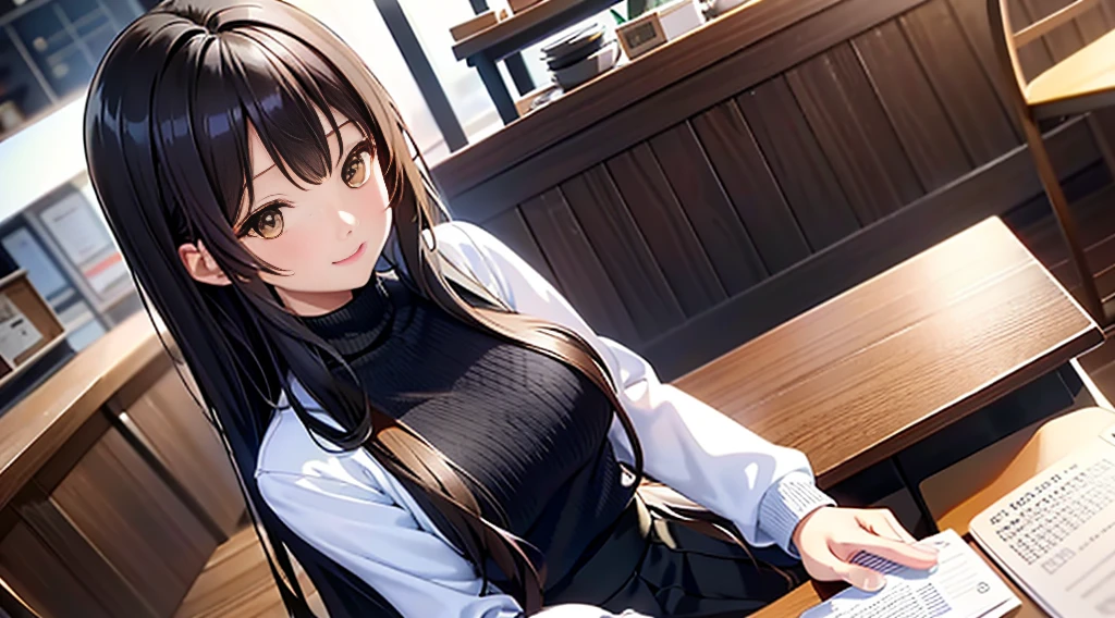 (masterpiece, highest quality, Extremely detailed CG, Beautiful fine details, Very detailed, Intricate details:1.2), 8k wallpaper, Elaborate features,
(1 person, alone:1.4)Perfect cartoon illustration,(1 person, alone:1.4)
(Realistic texture:0.8), High resolution, cute, (Vibrant colors, Dynamic Lighting:1.0), (High Contrast:0.8),
College Girl 1、cute赤ちゃんの顔、Laughter、long clean hair、Black turtleneck sweater、Skirt、Stylish cafeteria、Outside the store(Near the entrance of the store)、Sitting in a chair、table、coffee、Half-read paperback book、Time is night、the weather is sunny、Stored in the back、As if your whole body is in the illustration、write