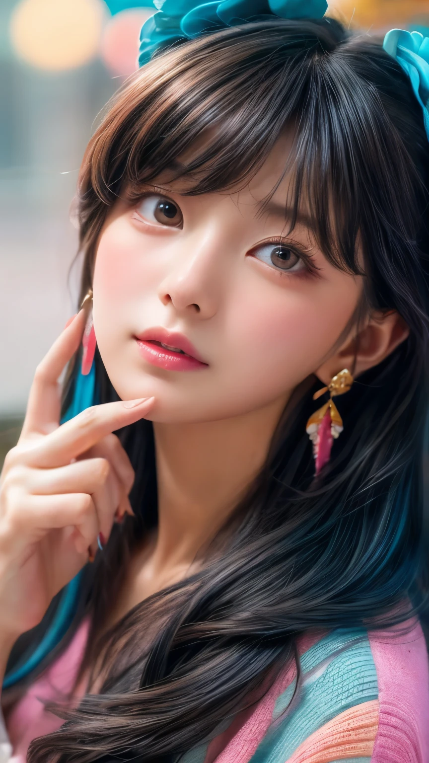 (masterpiece、highest quality、Official Art:1.2)、(colorful)、who should look'Watching、1 girl、Portraiture、alone、Colorful floating on water、Random sexy poses、peekaboo、Pointing to the cheek