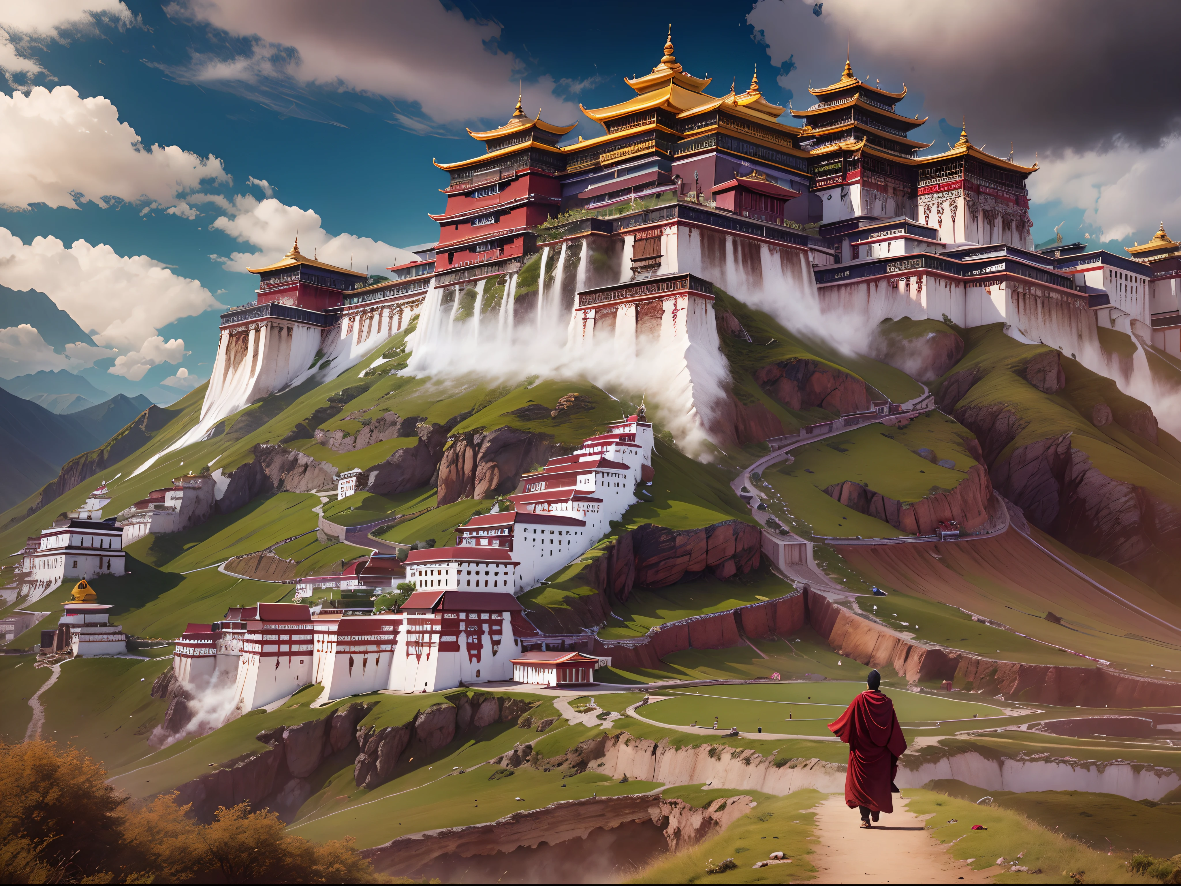 (best quality,4K,8k,high resolution,masterpiece:1.2),Super detailed,Practical:1.37,Girl in the garden,Beautiful and delicate eyes,Beautiful and delicate lips,Extremely detailed eyes and face,Long eyelashes,mediate:landscape,photography,Tibet,Tibetan culture,Tibetan landscape,tranquil mountains,Clear blue sky,Prayer flags fluttering in the wind,Traditional Tibetan costumes,Colorful traditional umbrellas,Breathtaking landscapes,Steep cliffs,Magic Valley,Pure lake,Reflection of mountains in water,Vibrant green grass,（Herds of yaks eating grass,）Spiritual journey,Ancient temple decorated with prayer wheels and colorful ornaments,The majestic Potala Palace,Peaceful Buddhist temple,The roof is hung with prayer flags,Peaceful  in maroon robe,sweet smell,peaceful,Harmony with nature,A deep connection to spirituality and culture