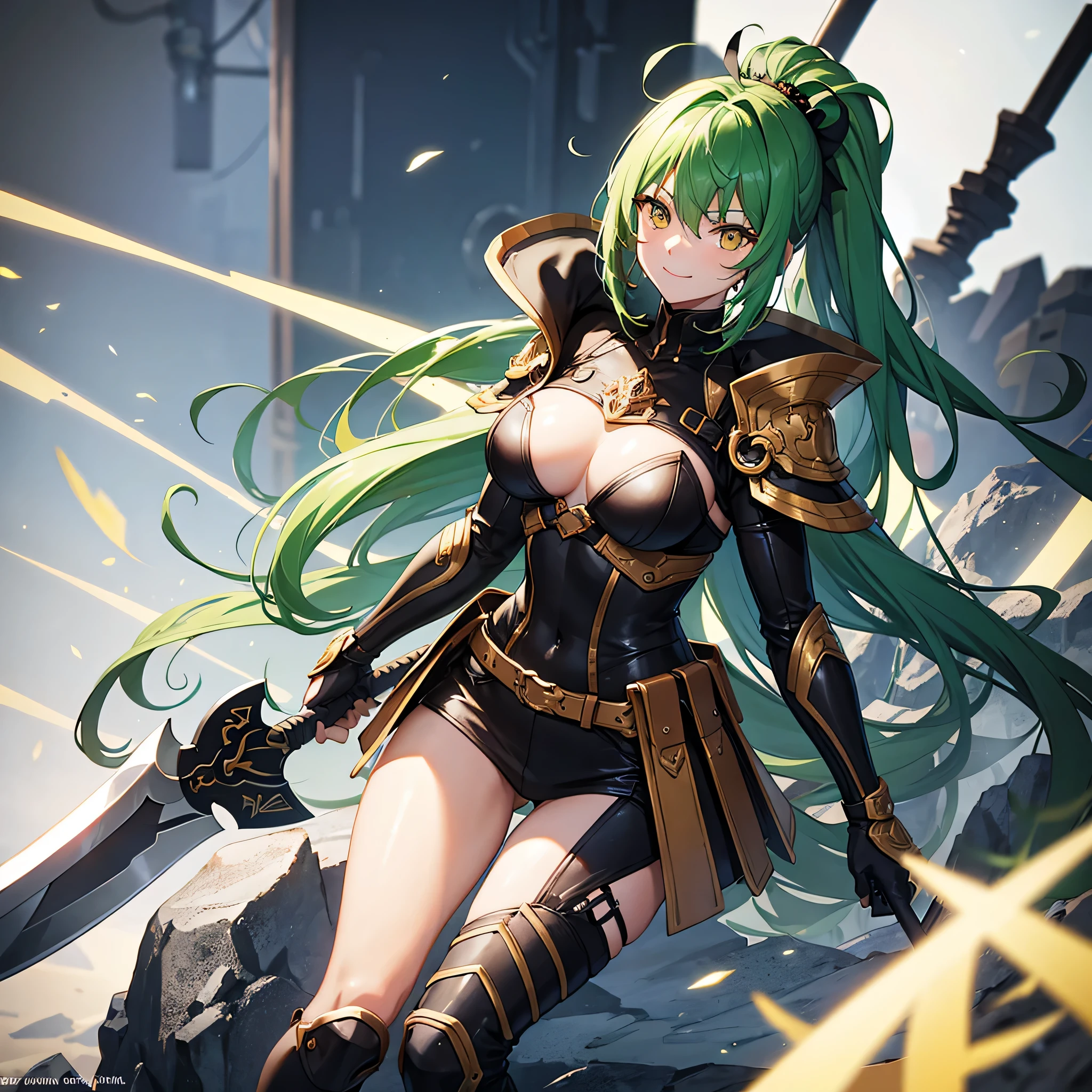 perfect anatomy, masterpiece:1.4, best quality, 16k, beautiful detailed grow, (battle style) (hands holding a detailed biggest steel axe gripping biggest steel axe in both hands), break, (solo:1.3 ponytail green hair long hair cute girl), ((15 yo)), (cute yellow eyes, happy smile), (sweaty skin) break, (in a battlesuit), (in the open battlefield).