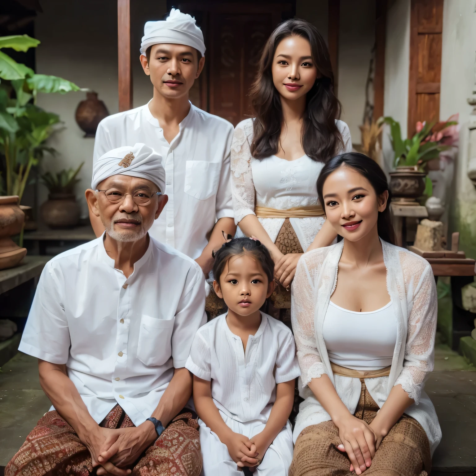 (best quality,4k,8k,highres,masterpiece:1.2),ultra-detailed,(realistic,photorealistic,photo-realistic:1.37),foto,portrait,4 orang keluarga,elderly(70-year-old),glasses,traditional Balinese headband,seated,next to,50-year-old,thin and small,beside,standing,45-year-old,headband,35-year-old woman,belonging to,slightly thin body,photo with smiling face,wearing a white blouse and white kebaya with a background of traditional Balinese house,Balinese traditional house,traditional Bali house,brightly colored,ornate building,garden surrounding the house,traditional Balinese architecture,tropical plants,green and lush,decorative Balinese entrance gate,artistically carved wooden door,family portrait,emotionally connected,dynamic family composition,affectionate expressions,detailed facial features,beautiful detailed eyes,beautiful detailed lips,extremely detailed eyes and face,long eyelashes,vivid colors,Balinese color palette,warm tones,tropical hues,multi-generational family,happy and harmonious atmosphere,Nyepi decorations,Balinese arts and crafts,religious motifs,Frangipani flowers,floral offerings,Balinese culture,authentic Balinese atmosphere,peaceful ambiance,generational bond,joyful memories,love and togetherness,memorable family time,family heritage and tradition.