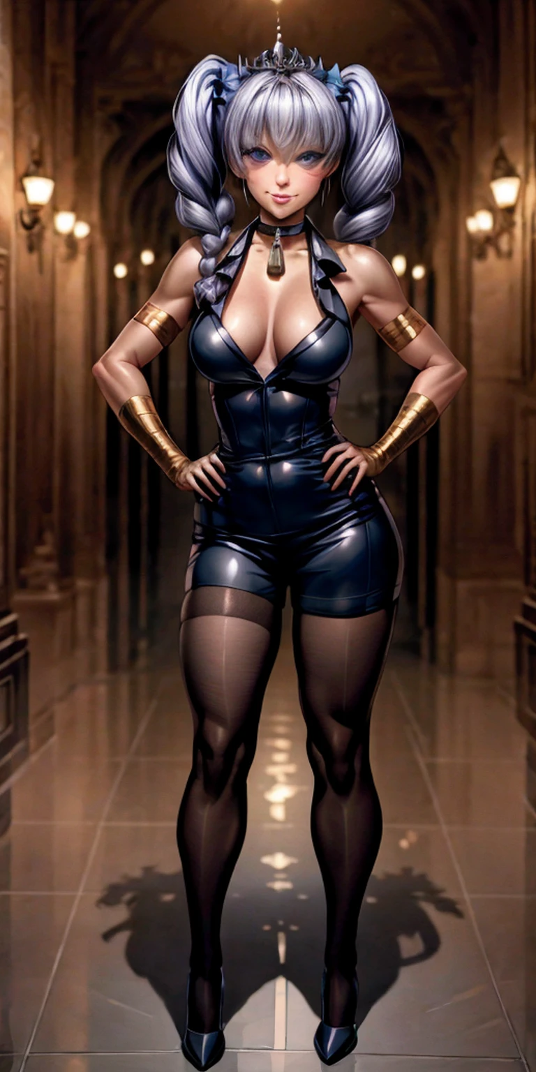 full body standing straight symmetrical, huge cowboy shot, solo 1MILF, lustful smirking smile face, looking at viewer, hands on hips, twin tails, twin drills, dress, striped pantyhose, metal handcuffs on their hands with a black metal slave collar around her neck, cowbell attached to the choker, sleeveless, black stockings, golden tiara, GREY HAIR, GREY EYES