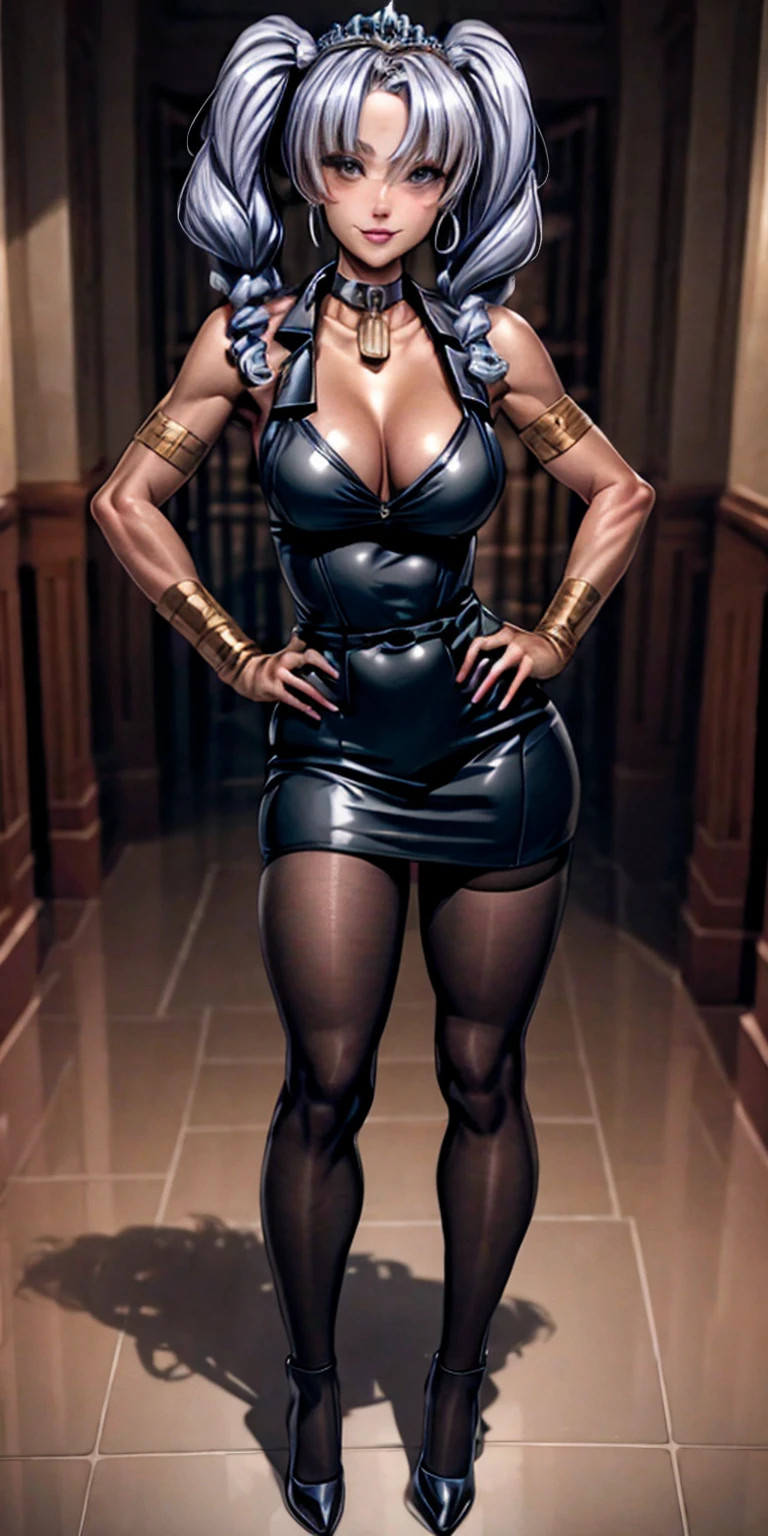 full body standing straight symmetrical, huge cowboy shot, solo 1MILF, lustful smirking smile face, looking at viewer, hands on hips, twin tails, twin drills, dress, striped pantyhose, metal handcuffs on their hands with a black metal slave collar around her neck, cowbell attached to the choker, sleeveless, black stockings, golden tiara, GREY HAIR, GREY EYES