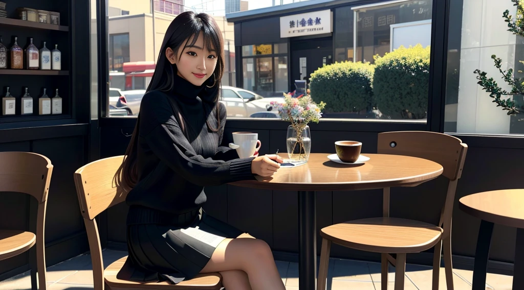 (masterpiece, highest quality, Extremely detailed CG, Beautiful fine details, Very detailed, Intricate details:1.2), 8k wallpaper, Elaborate features,
(1 person, alone:1.4)Perfect cartoon illustration,(1 person, alone:1.4)
(Realistic texture:0.8), High resolution, cute, (Vibrant colors, Dynamic Lighting:1.0), (High Contrast:0.8),
College Girl 1、cute赤ちゃんの顔、Laughter、long clean hair、Black turtleneck sweater、Skirt、Stylish cafeteria、Outside the store(Near the entrance of the store)、Sitting in a chair、table、coffee、Half-read paperback book、Time is night、the weather is sunny、Stored in the back、As if your whole body is in the illustration、write