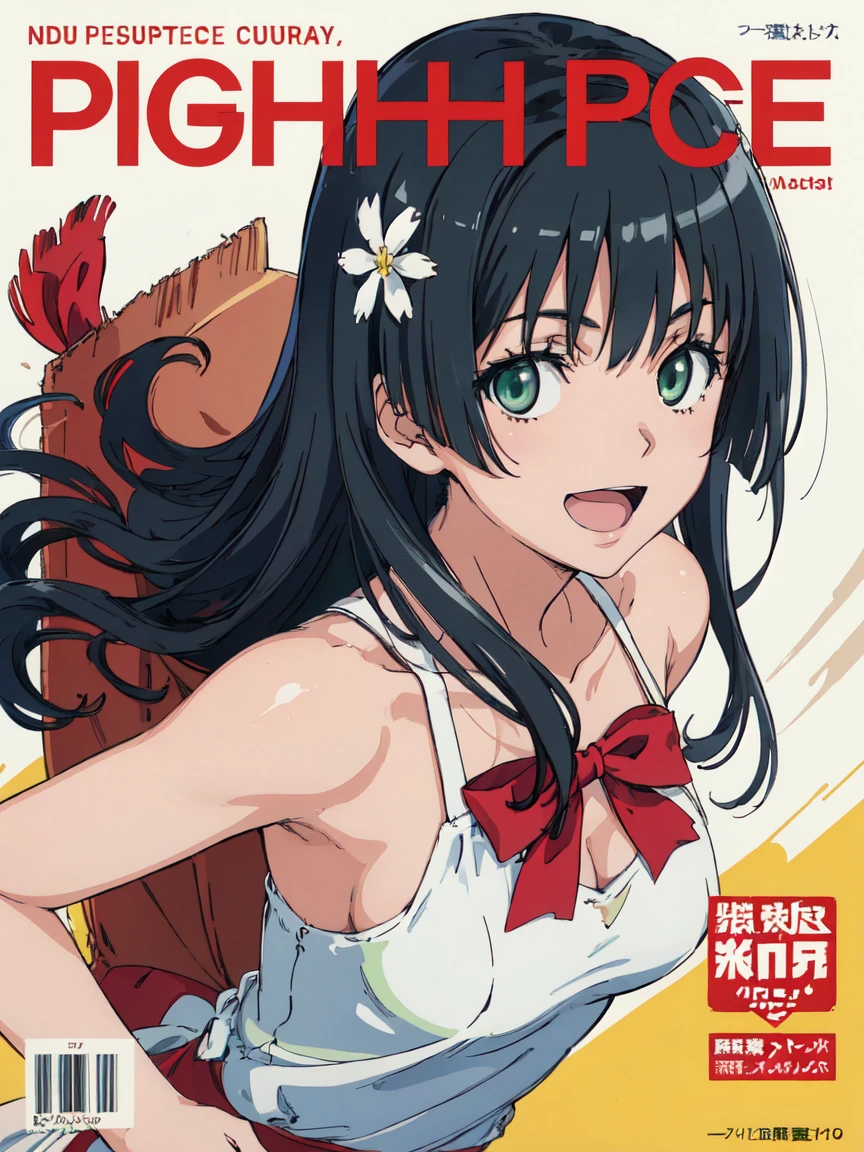 penthouse-cover, (High resolution:1.4), (masutepiece:1.2), (High quality:1.3) 1girl, saten ruiko, green eyes, long hair, black hair, small breast, smile, open mouth