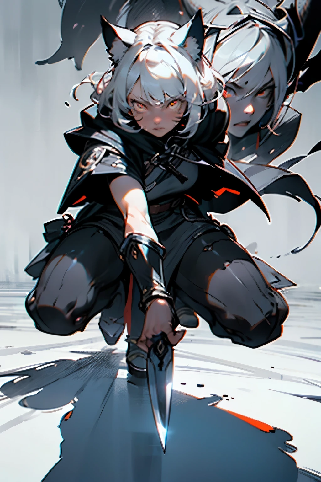 ((best quality)), ((masterpiece)), (detailed), perfect face, warrior woman, beautiful, best graphics, soft lighting, silver hair, crimson eyes, daggers in hand, cat ears, shadows all around, leather cloak, modest, battle, fight, fierce, neko