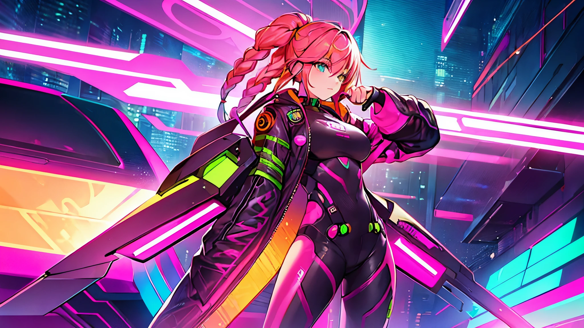 woman, cyberpunk clothing, advertising poster, pink and green neon colors, hair with braids with lights, orange hair, violet eyes, gray and orange pilot bodysuit, high definition, bronze metal parts, high definition, background of futuristic city, full body focus, posing on a wall.