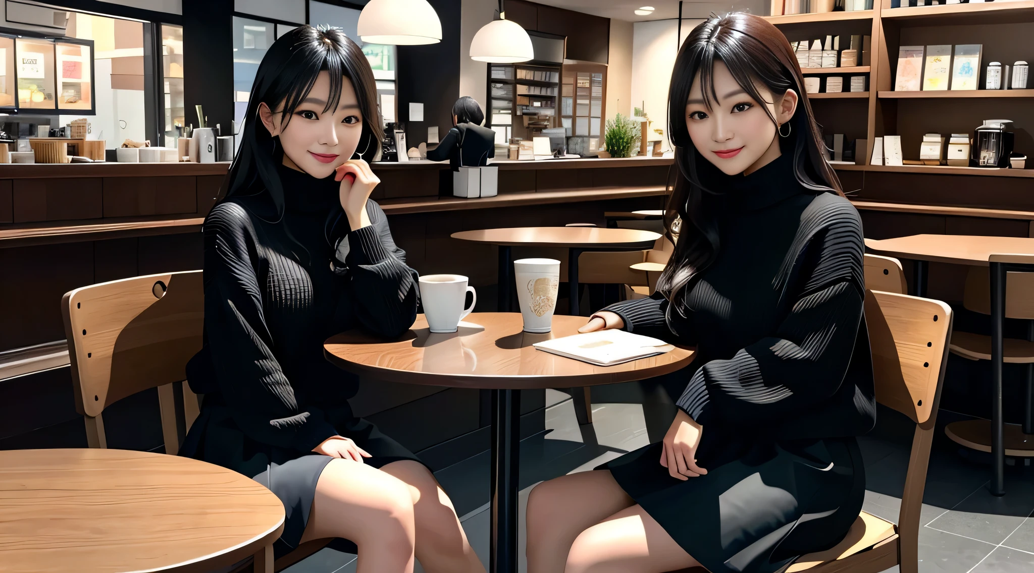 (masterpiece, highest quality, Extremely detailed CG, Beautiful fine details, Very detailed, Intricate details:1.2), 8k wallpaper, Elaborate features,
(1 person, alone:1.4)Perfect cartoon illustration,(1 person, alone:1.4)
(Realistic texture:0.8), High resolution, cute, (Vibrant colors, Dynamic Lighting:1.0), (High Contrast:0.8),
College Girl 1、cute baby face、Laughter、long clean hair、Black turtleneck sweater、Skirt、Stylish cafeteria、Outside the store(Near the entrance of the store)、Sitting in a chair、table、coffee、Half-read paperback book、Time is night、the weather is sunny、Stored in the back、As if your whole body is in the illustration、write