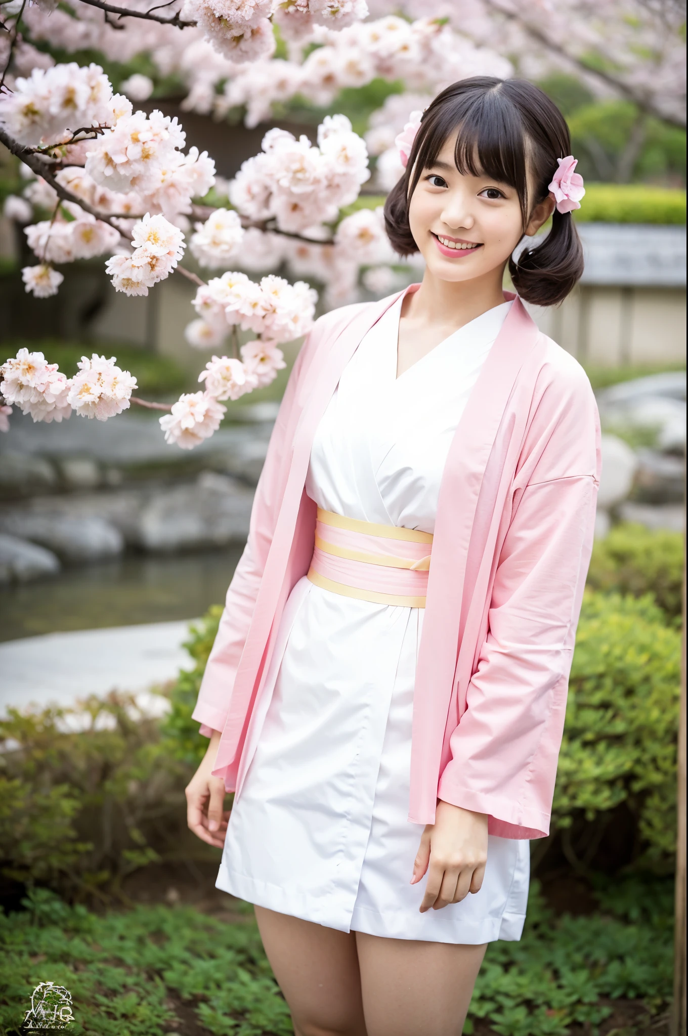 girls in old-Japanese cherry blossom garden,long-sleeved yukata,white cotton thong style Japanese loincloth,pale pink obi,18-year-old,bangs,a little smile,thighs,knees,short hair and low pigtails with barrette with flower brooch,from below,front light