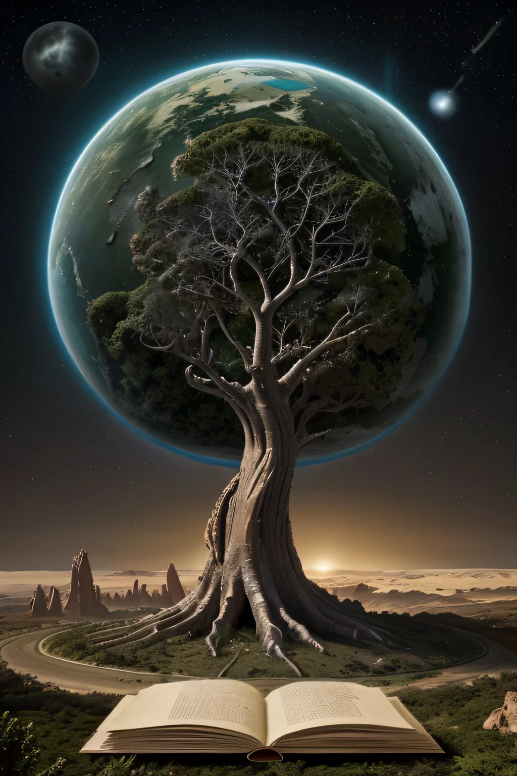 arvore da vida saindo de um livro aberto e ao fundo o planeta terra com elementos de tecnologia