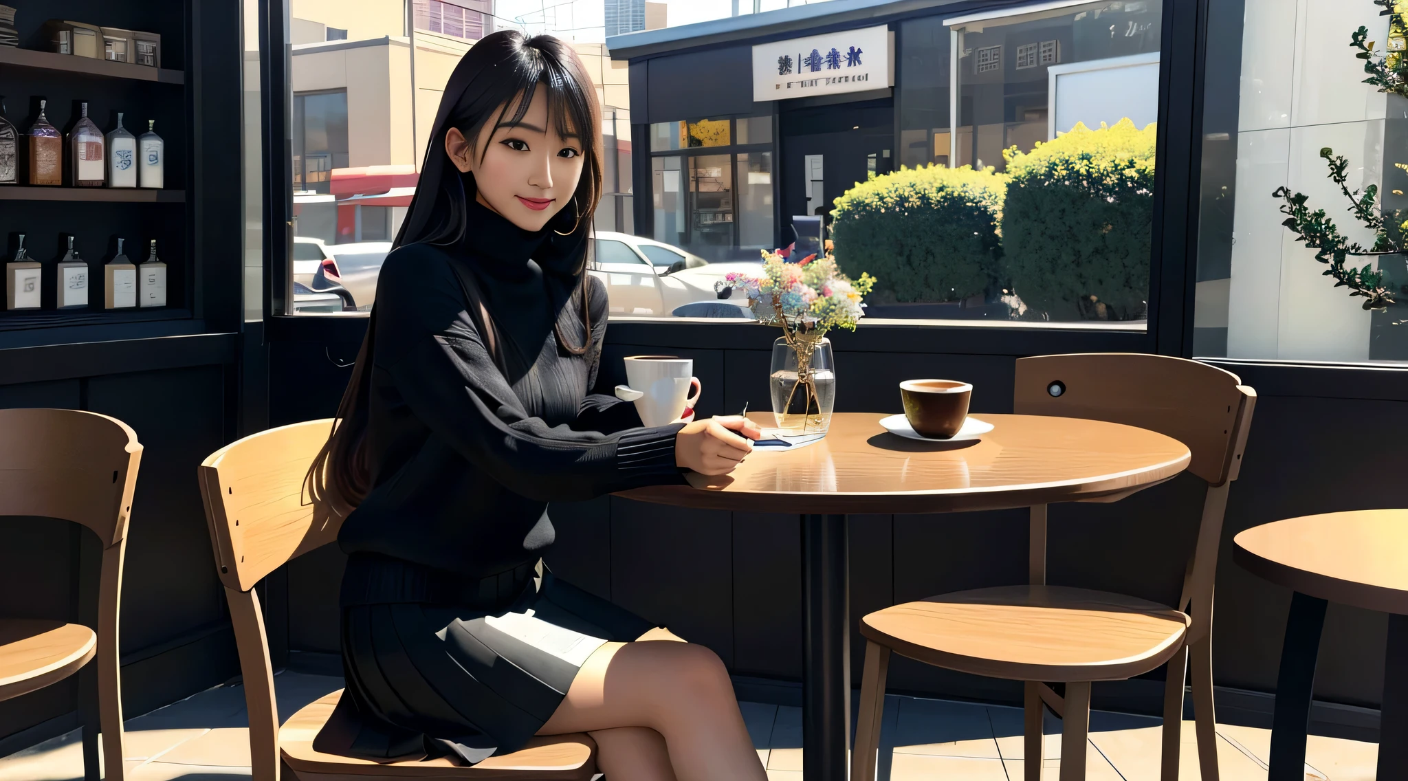 (masterpiece, highest quality, Extremely detailed CG, Beautiful fine details, Very detailed, Intricate details:1.2), 8k wallpaper, Elaborate features,
(1 person, alone:1.4)Perfect cartoon illustration,(1 person, alone:1.4)
(Realistic texture:0.8), High resolution, cute, (Vibrant colors, Dynamic Lighting:1.0), (High Contrast:0.8),
College Girl 1、cute baby face、Laughter、long clean hair、Black turtleneck sweater、Skirt、Stylish cafeteria、Outside the store（Near the entrance of the store）、Sitting in a chair、table、coffee、Half-read paperback book、Time is night、the weather is sunny、Stored in the back、As if your whole body is in the illustration、write
