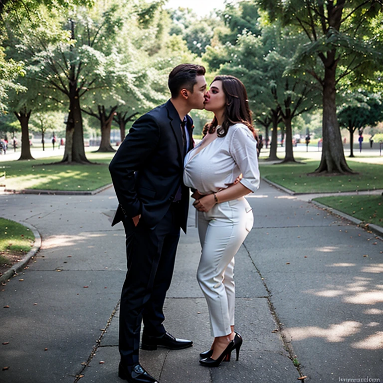 An attractive woman and a handsome man, kissing devotedly in the park, The woman has ((gigantic breasts)) and is wearing a blouse, business trousers and high heels