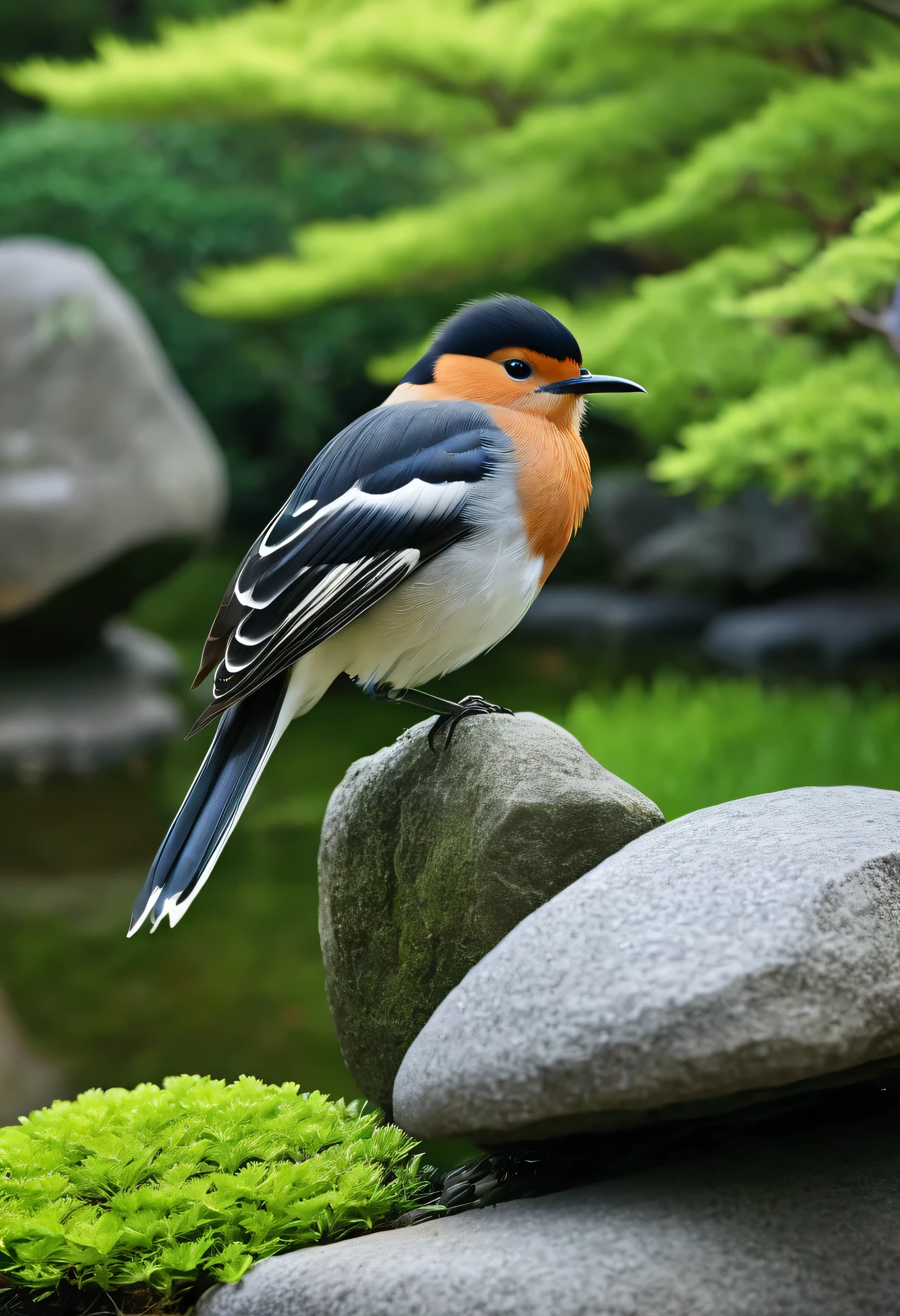 A picture of a fifty-year-old bird perched on a rock in a Japanese garden, Japanese Nature, Japanese Templess, Japanese Temples, zen temple background, Awesome Wallpapers, Japanese Landscape, Ancient Japan, Beautiful high resolution, Inspired by Kyoto, Beautiful Wallpapers, Ancient Japanese architecture, lush Japanese Landscape, Ancient Japanese, Japanese art style, in Ancient Japan, Beautiful art UHD 4K