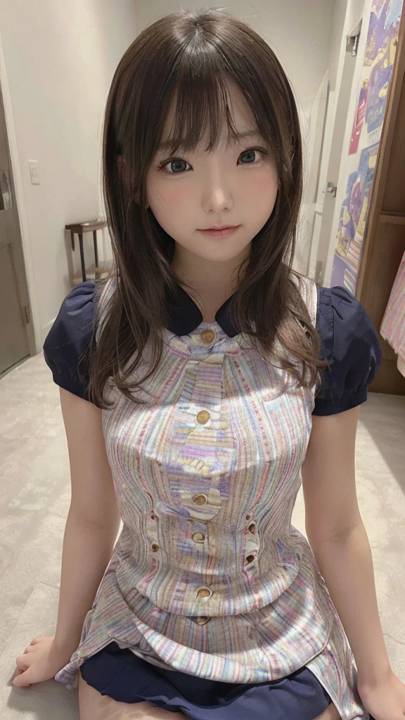 (RAW photo, best quality, masterpiece), depth of field,(realistic),photo of <lora:yuka_miyazawa_lora:1>,blush,black hair,twintails,1girl,solo,wearing dress,strawberry print,yellow shirt