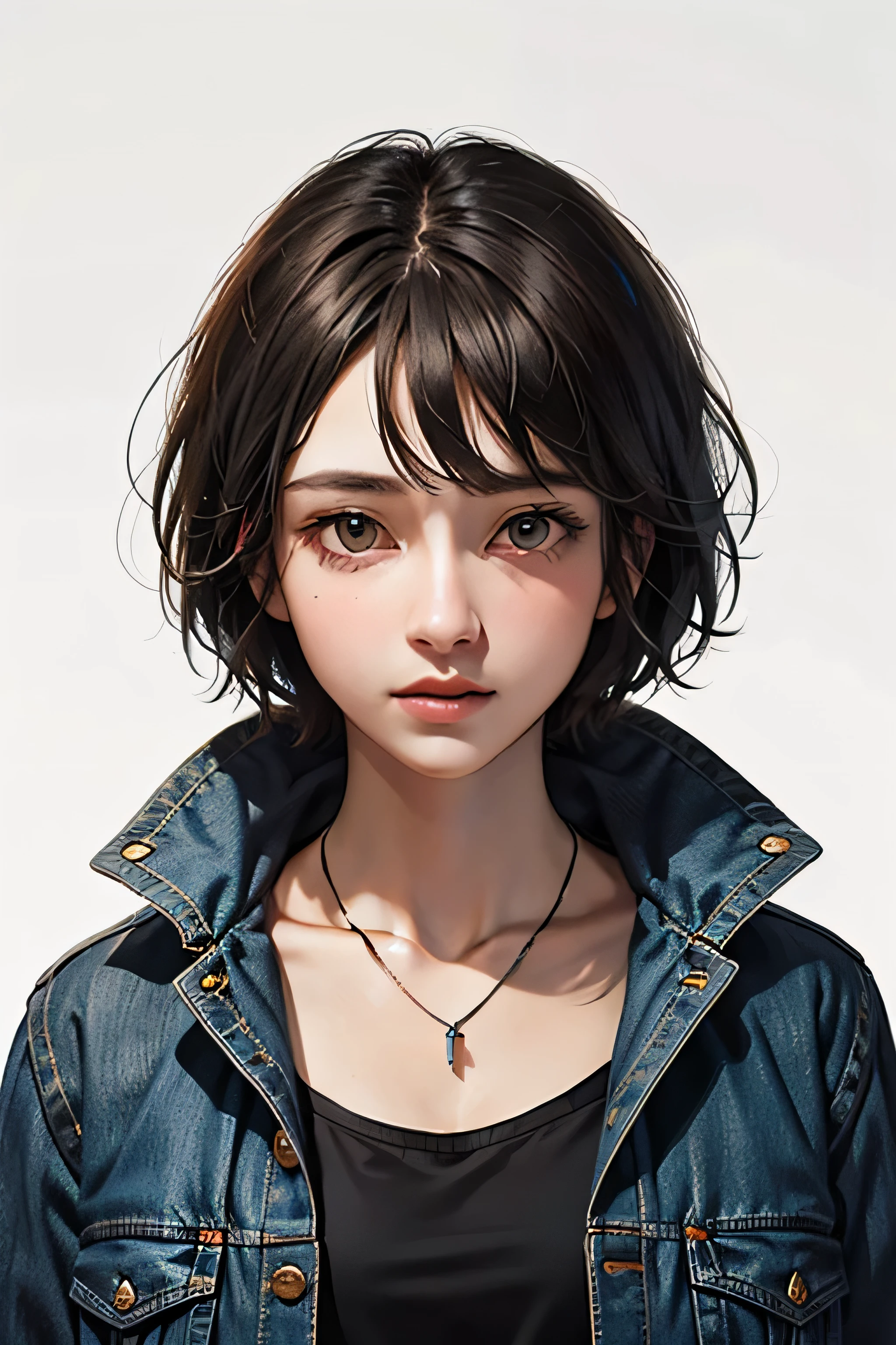 ((melhor qualidade)), ((obra de arte)), (detalhado), rosto perfeito, girl, with blue jacket, black tshirt, white background, Pixie cut hair, head and body look to ffront, light brown hair,portrait,waxing crescent necklace, green eyes