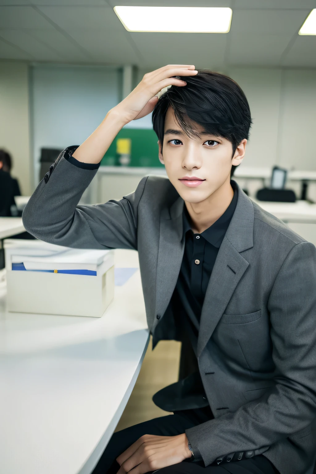 photographed on a Nikon Z7 II Mirrorless Camera, 120mm F/4 wide-angle best quality, ,masterpiece, 1boy, office Chair,sitting, black hair, fade cut, light gray eyes, black jacket, black pants,wheat skin,1boy,boy,japanese,,skinny,Extremely Realistic