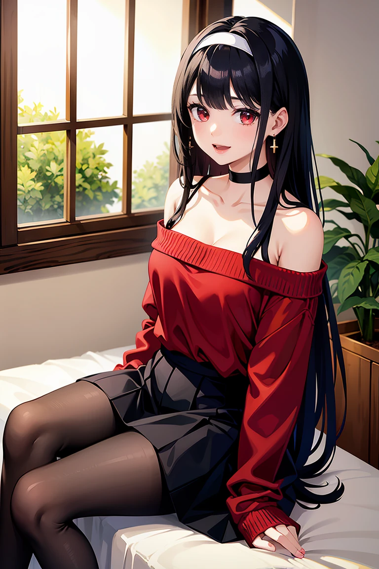 masterpiece, best quality, highres, bbyorf, long hair, white hairband, red eyes, gold earrings, large breasts, jewelry, off shoulder, red sweater, sweater dress, long sleeves, black pantyhose, <lora:yor_forger_v1:0.8>, (dress lift:1.3), panties under pantyhose, sitting, bench, embarrassed, blush, outdoors