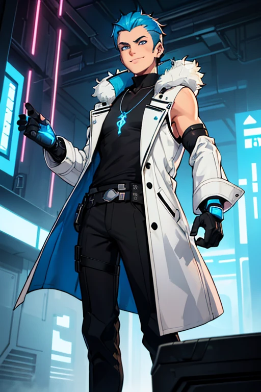 male, brownish tan short hair, blue eyes, (((1boy))), (((white sleeveless cyberpunk coat with blue trim))), (black long sleeve v-neck t-shirt), (necklace with dragon head pendant), (black pants with blue trim), (black white cybernetic boots), (black fingerless gloves), long legs, smiling, single person