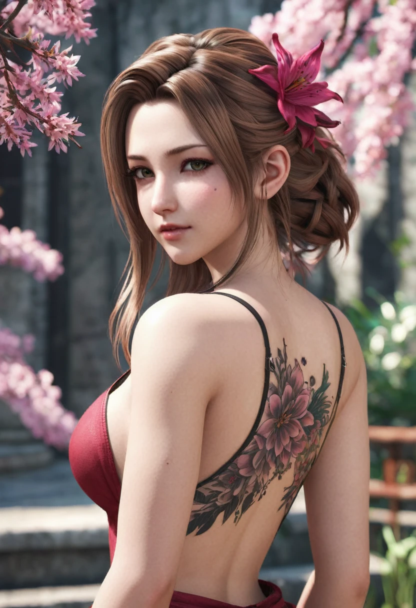 1 realistic MIAOKA _ Aerith 】(Unique Edition)Alice,  perfet body, perfect face,thin curved eyebrows, long luscious  eyelashes, black eyeliner, black eye shadow, rosie cheeks, dark lipstick,  large voluptuous curved breasts, Tattoo girl【Beautiful girl with flower back tattoo, fullbody, hyper realistic final fantasy midgar daytime 