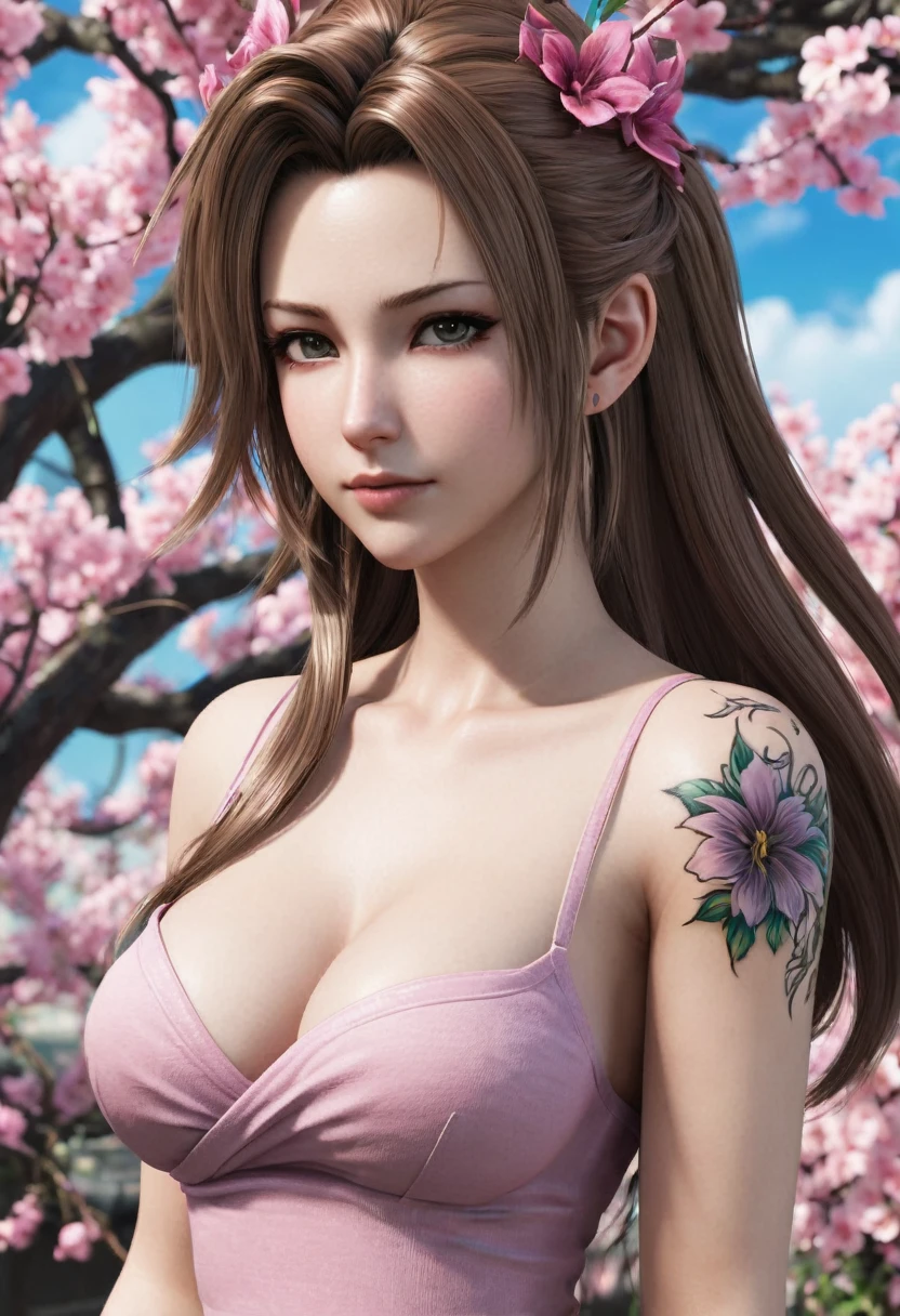 1 realistic MIAOKA _ Aerith 】(Unique Edition)Alice, perfet body, perfect face,thin curved eyebrows, long luscious eyelashes, black eyeliner, black eye shadow, rosie cheeks, dark lipstick, large voluptuous curved breasts, Tattoo girl【Beautiful girl with flower back tattoo, fullbody, hyper realistic final fantasy midgar daytime