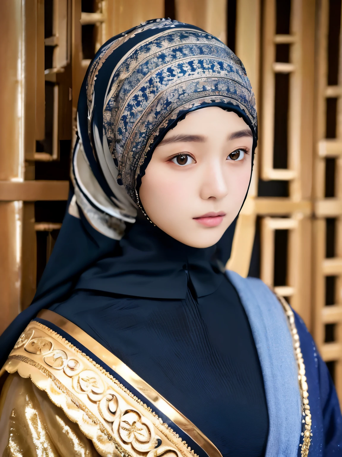 Half body photograph of  Indonesian girl, wearing hijab, realistic, highest quality, RAW photo, 1 girl, alone, hijab girl, detailed face, fascinating face, Black shirt with collar, medium breasts, standup pose, looking at the viewer, detailed background, Detailed, intricate details, ray tracing, Depth of bounds written, low key,