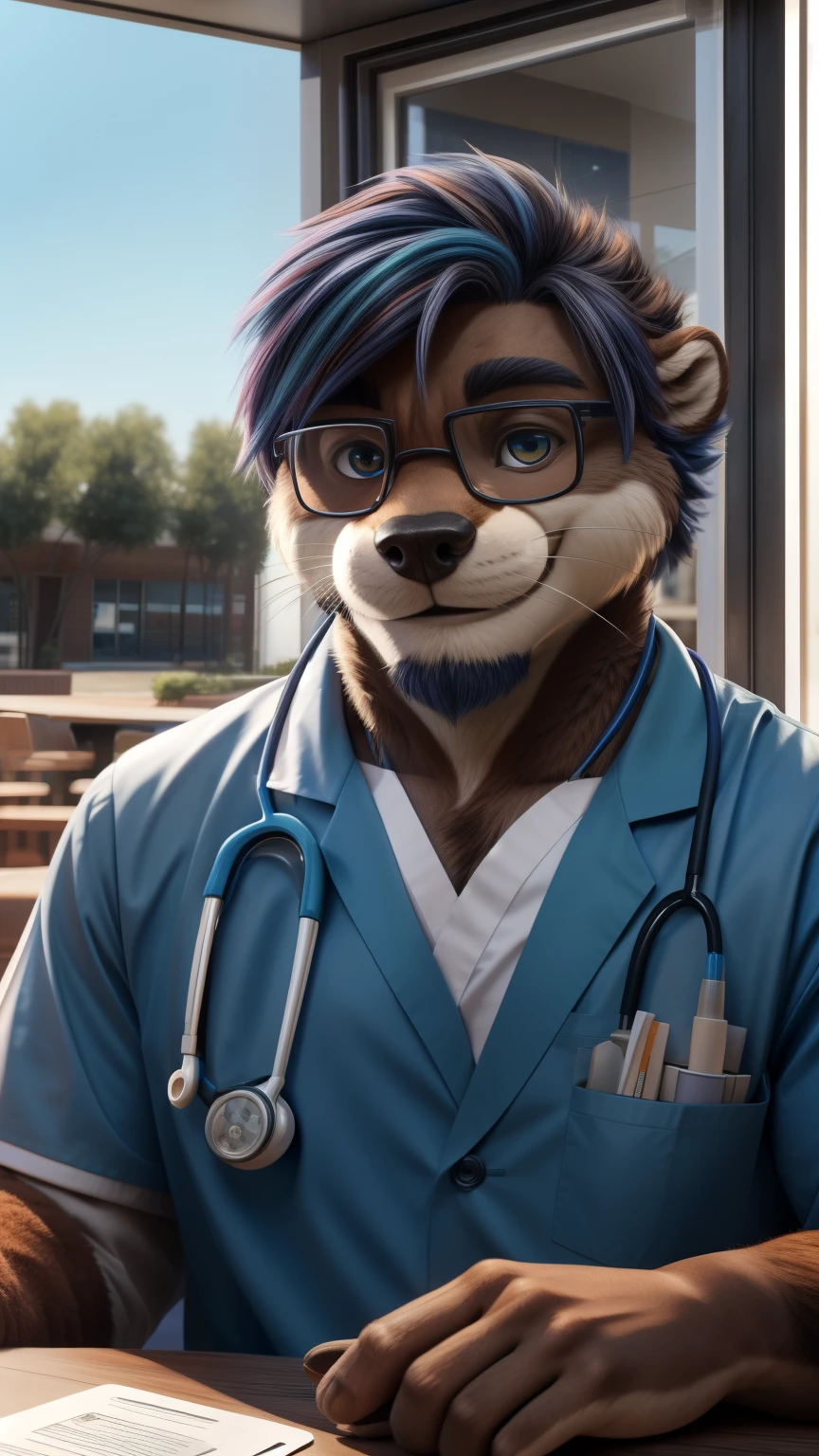 An adult man in his 30s wearing an otter fur suit alone outdoors in the background of a doctor's office smiling, ojos cafes, con lentes, con bata de medico, ((con un mechon de cabello de color azul en el copete)), sosteniendo una taza de cafe