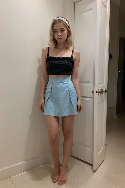 An 18-year-old girl with short blonde hair that reaches to her shoulders. With light blue eyes dressed as a brown maid with an unimaginable full-body beauty. 
